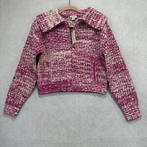 Sundance Sweater Womens Small Pink White Marled Chunky Knit Full Zip Pockets